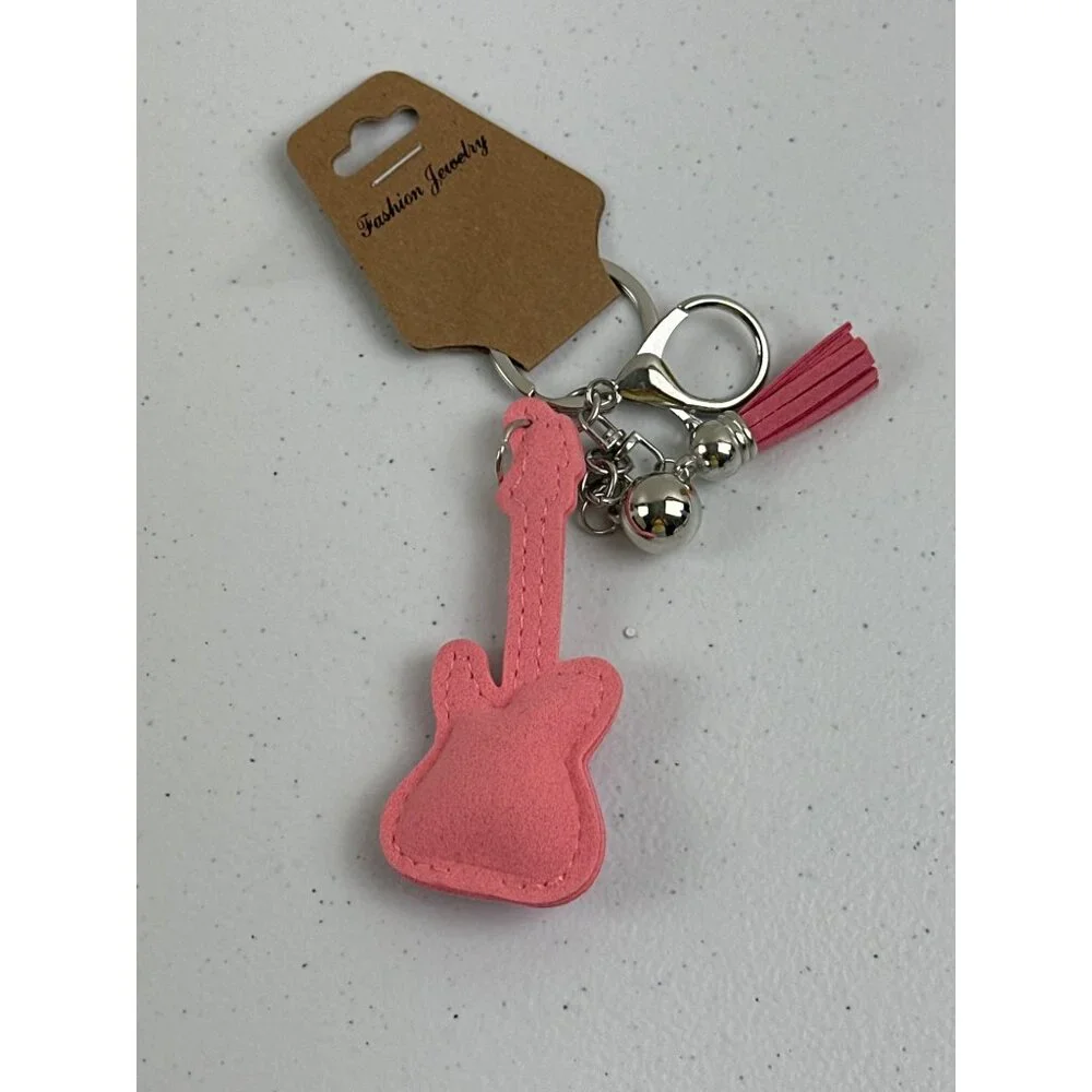 Sparkly Pink Guitar Keychain With Tassel & Bells Lead Safe